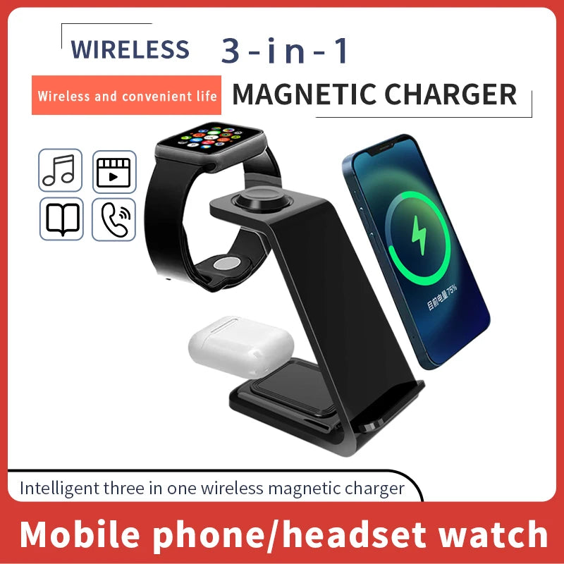 15W 3 in 1 Wireless Charger Stand for iPhone 15 14 13 12 11 X XR Apple Watch 6 7 8 iWatch Airpods Pro Fast Charging Dock Station